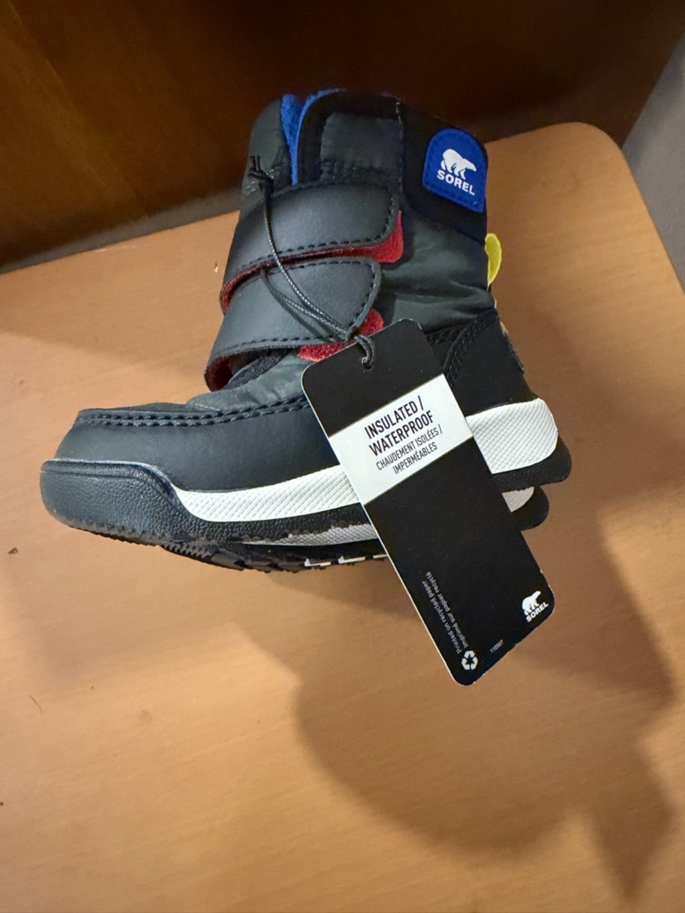Sorel Kids Black Boots with Bright Blue Fleece Lining - Picture 2 of 5